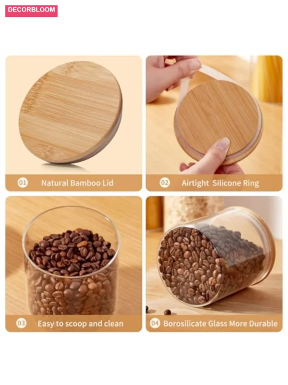 Set of 3 Glass Food Storage Jars with Bamboo Lid 2.34 Qt Each